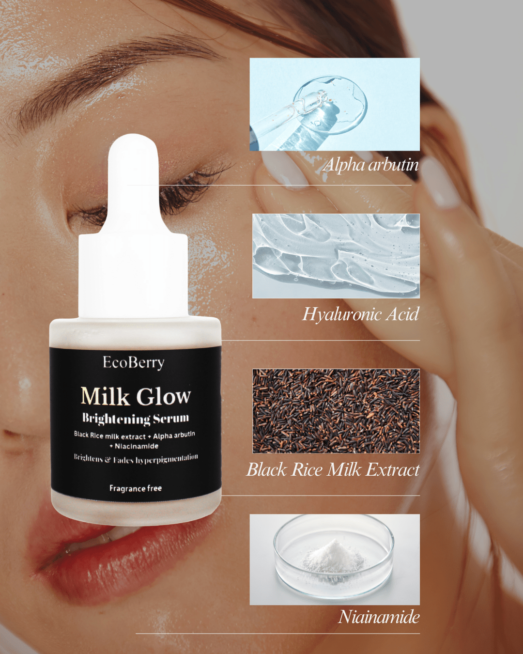 Milk Glow Brightening Serum With Black Rice Extract, Alpha Arbutin, Niacinamide & Hyaluronic Acid - EcoBerry